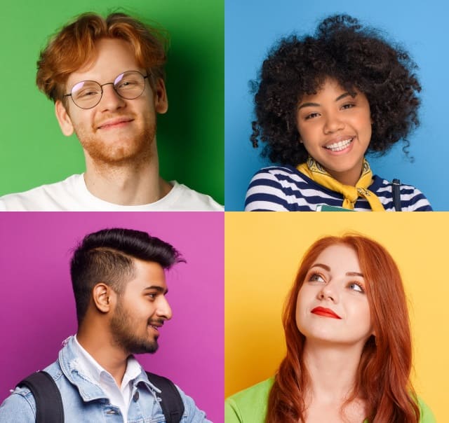 Quatro estudantes, cada um em um quadrado com o fundo colorido